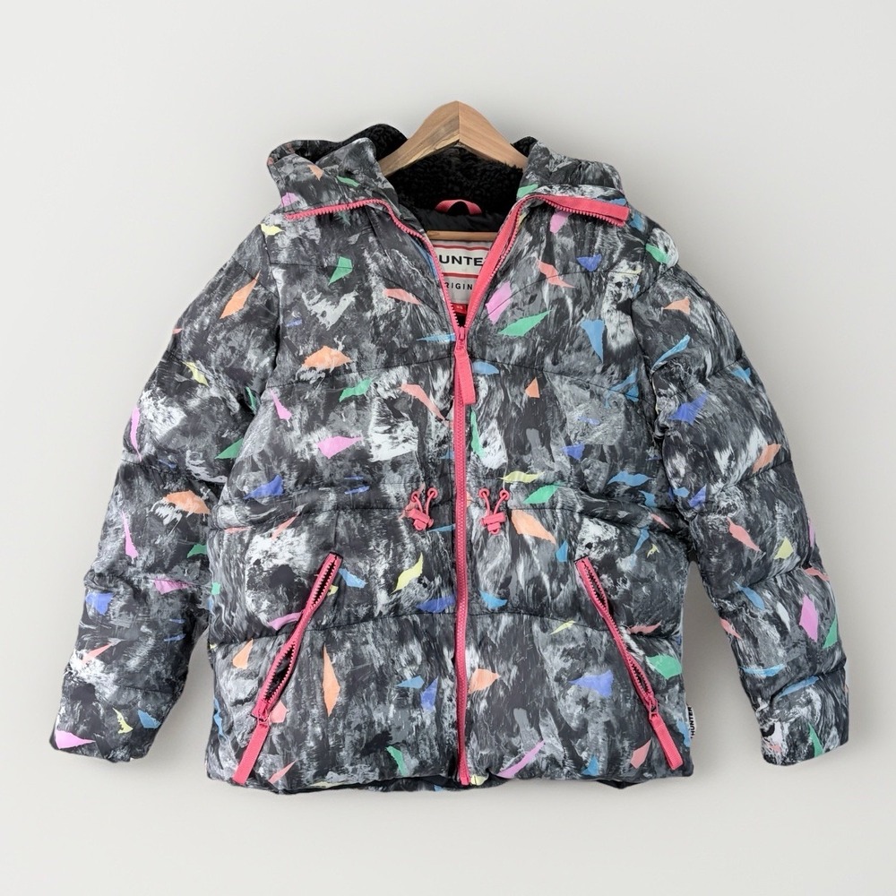 HUNTER Original A-Line Puffer Jacket Hooded Storm Camo Print‎ Heavy Sz 4 XS Lux